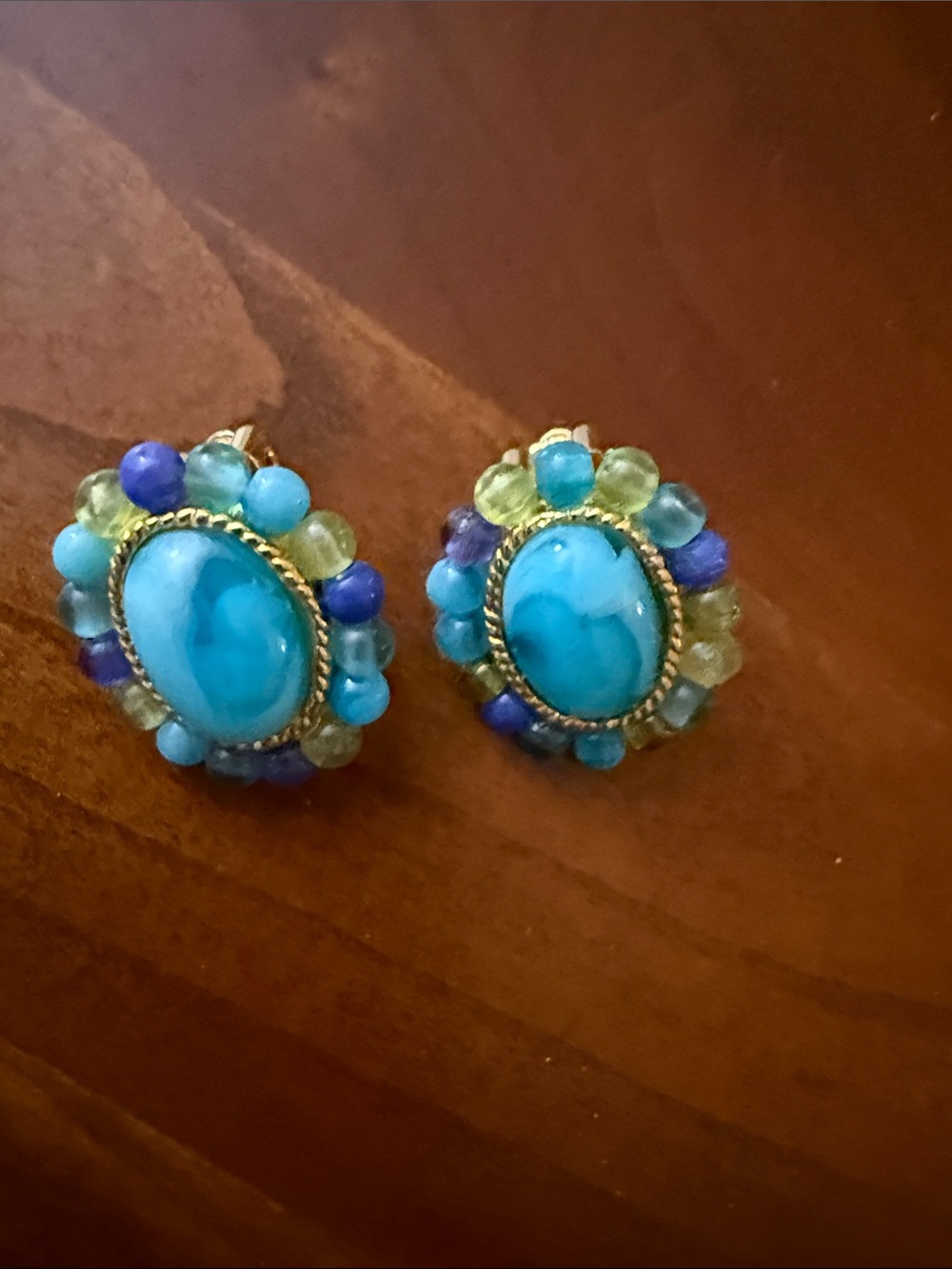 Gold-Tone Turquoise and Multi-Bead Cluster Earrings